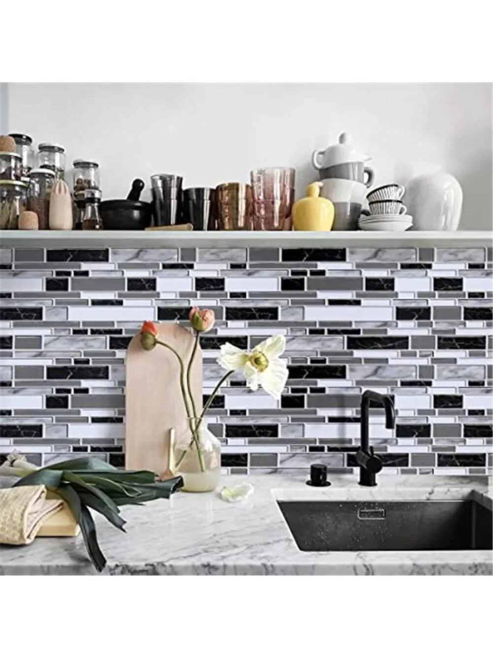 Black White Tile Wallpaper Peel And Stick Kitchen Backsplash Contact Paper